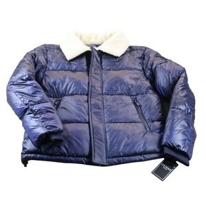 Guess Cassidy Puffer Quilted Jacket Womens Small Navy Sherpa Collar Winter Coat